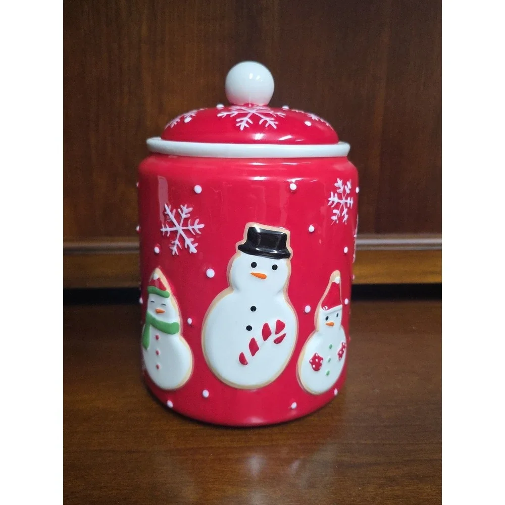 Red Christmas Cookie Jar‎ Hallmark Snowman Holiday Snowflake Candy Cane